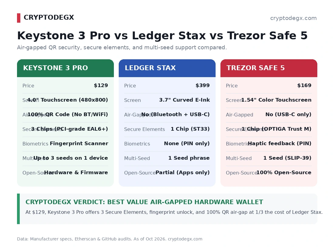Keystone 3 Pro air-gapped hardware wallet specs and comparison