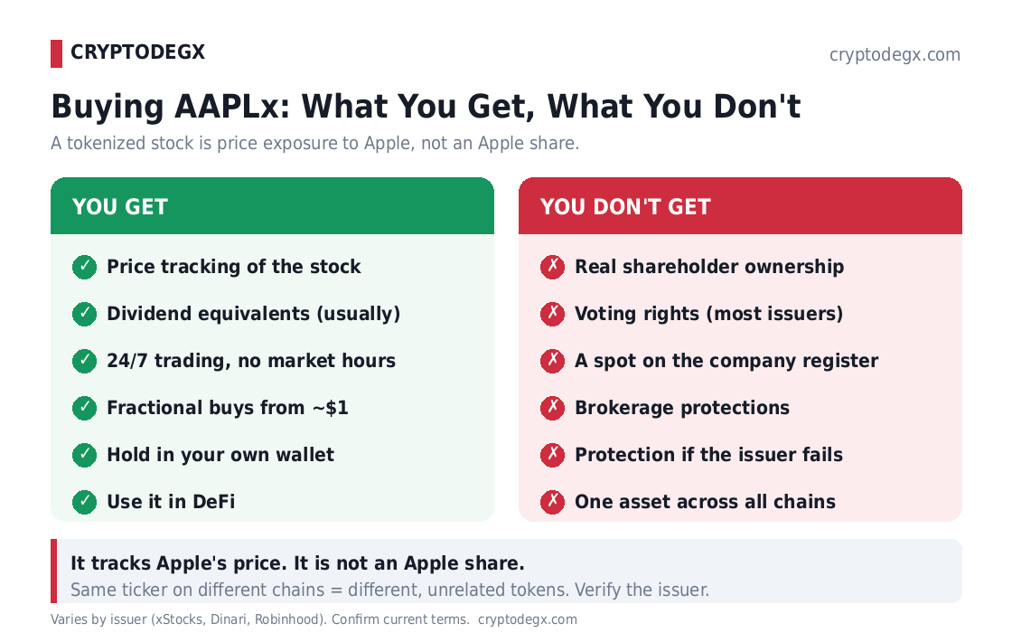 Tokenized stock AAPLx: you get price tracking and 24/7 trading, you don't get real ownership or voting