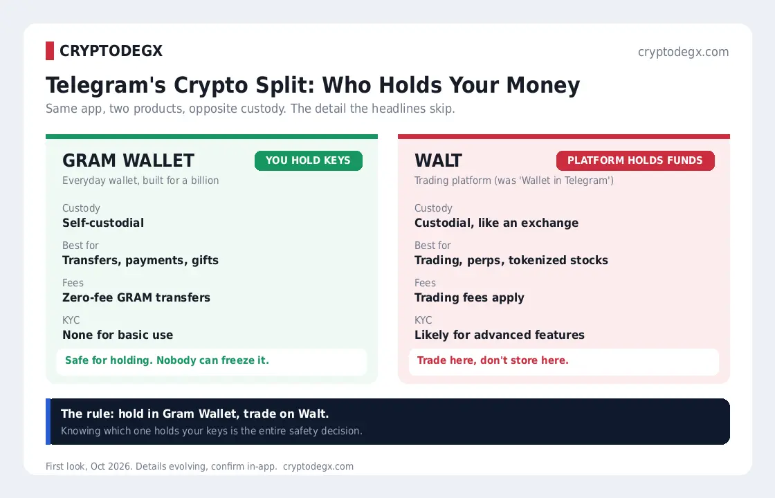 Telegram crypto split: Gram Wallet is self-custodial, Walt is custodial. Who holds your money