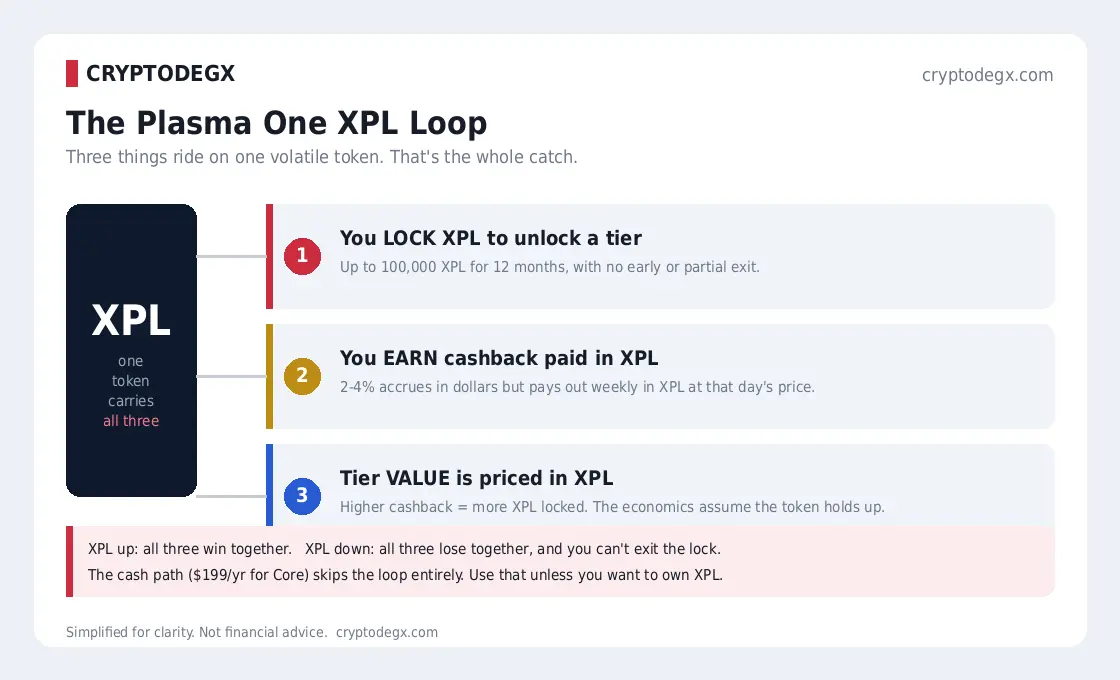The Plasma One XPL loop: locking, earning, and tier pricing all depend on the volatile XPL token